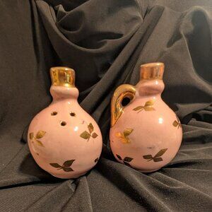 Porcelain salt and pepper shakers with gold accents and leaf design (pastel pink